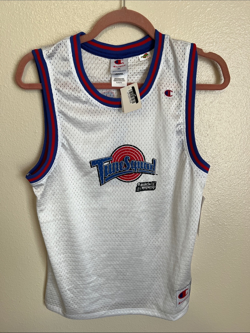 Champion White Tune Squad Basketball Jersey with Red & Blue Trim